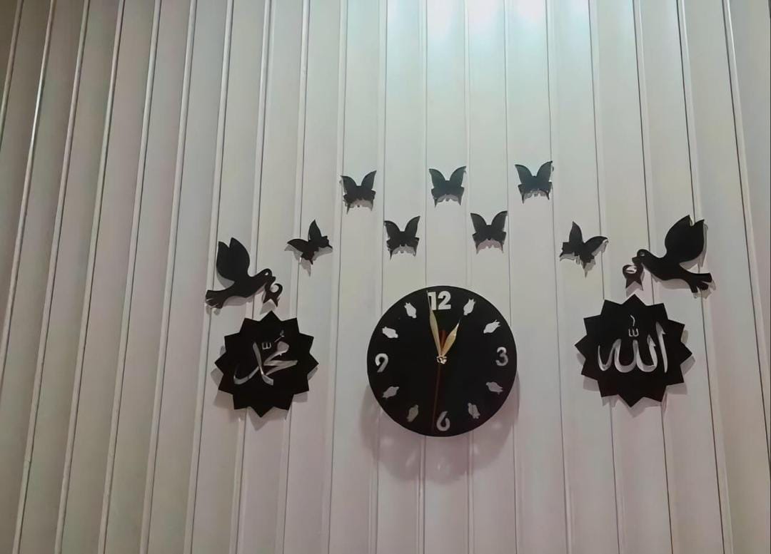 Islamic Wall Clock with Backlight & Butterflies Black MDF