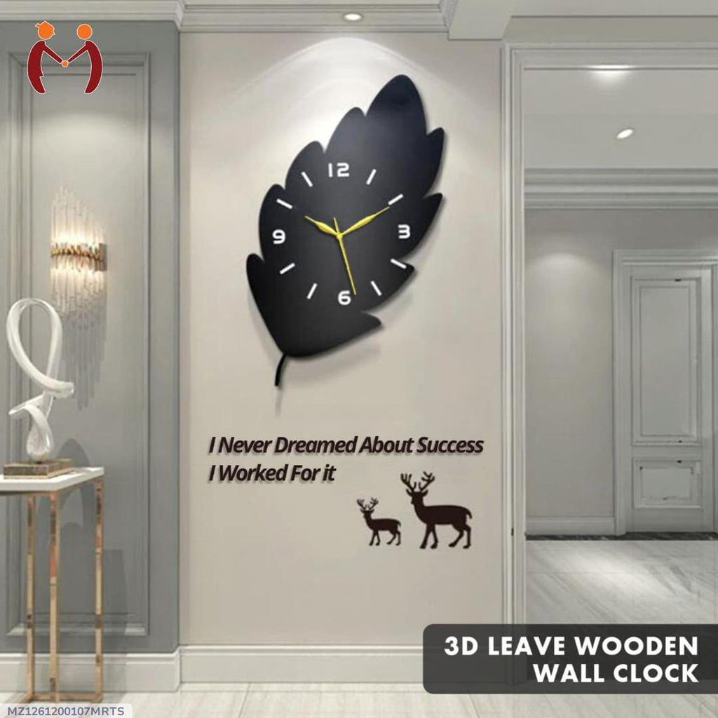 3D Leaf Wooden Wall Clock Black Golden Hands